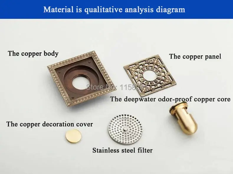DecorBites™ antique brass square bathroom floor drain assembly with ornate brass-finished copper cover and strainer grate