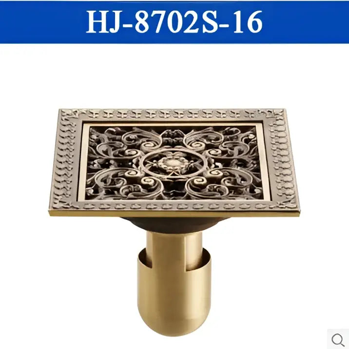 DecorBites Antique brass square floor drain strainer grate with ornate scrollwork and beaded border design