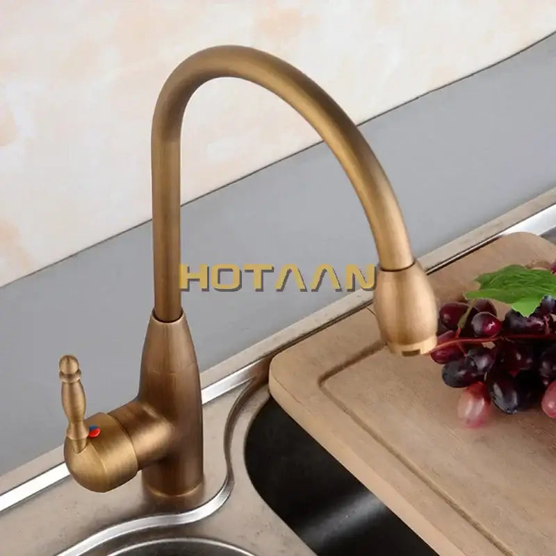 DecorBites™ antique brass swivel basin mixer tap with curved spout and single lever handle for kitchen and bathroom