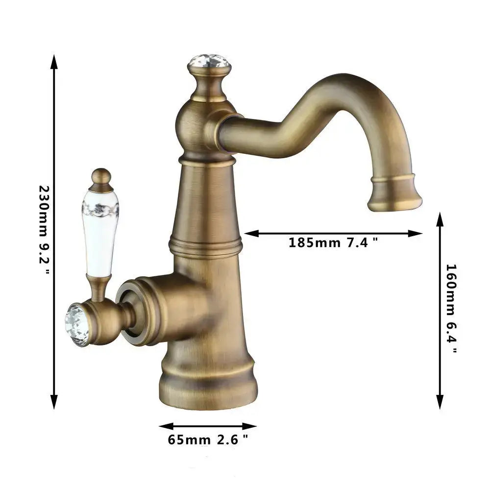 DecorBites antique brass swivel bathroom faucet mixer tap with curved spout and crystal-encrusted handle in brass finish