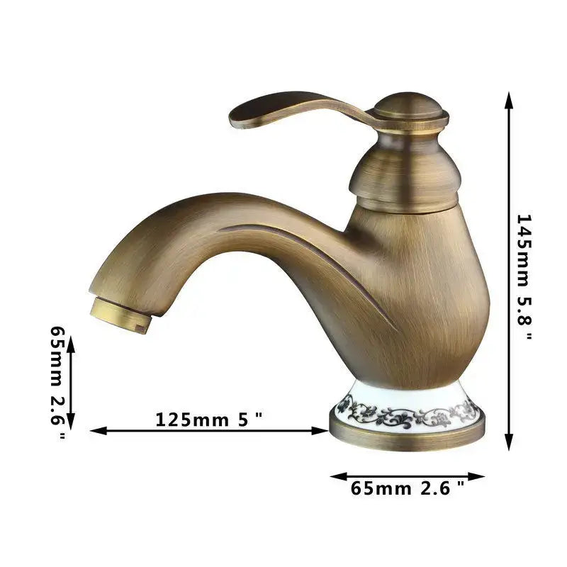 DecorBites antique brass swivel bathroom faucet mixer tap with single handle and white ceramic base with black floral detailing