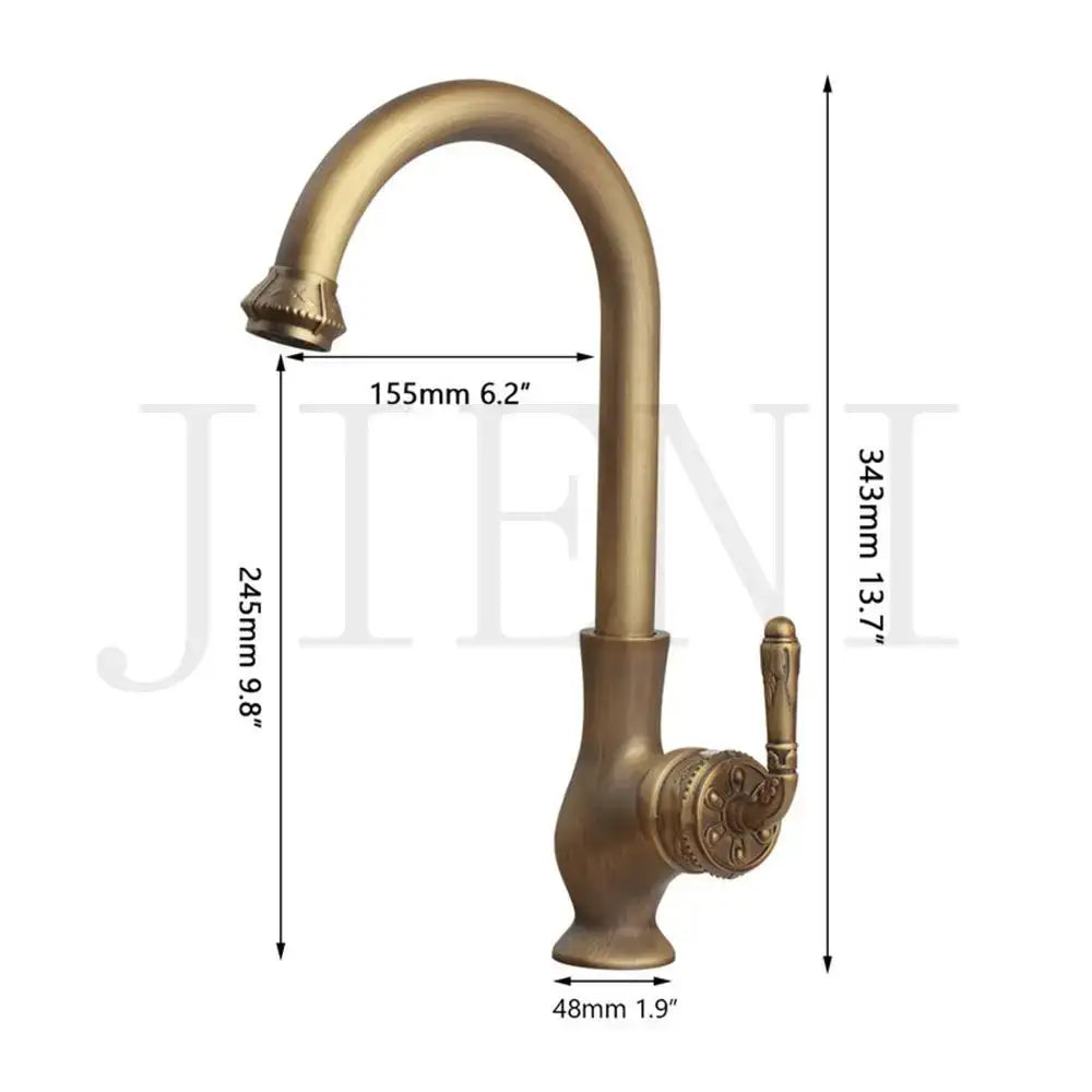 Antique brass swivel bathroom faucet mixer tap with single handle and ornate curved spout in brass finish