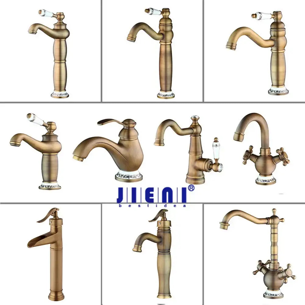 Antique brass swivel bathroom faucet mixer tap with single handle featuring crystal handles and decorative bases