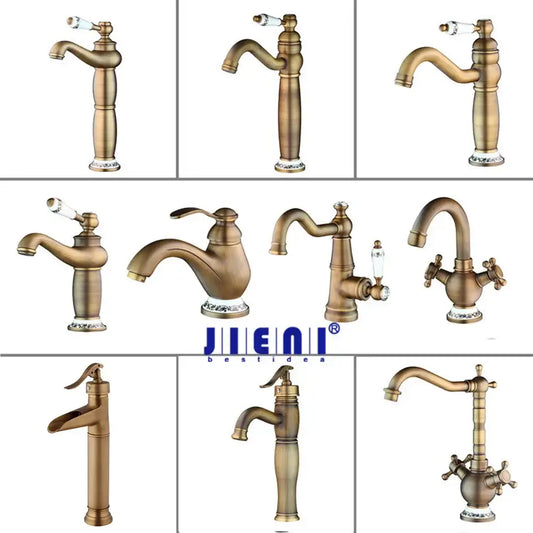 Antique brass swivel bathroom faucet mixer tap with single handle featuring crystal handles and decorative bases
