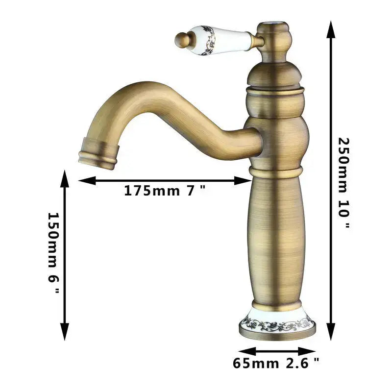 Decorbites™ antique brass swivel bathroom faucet mixer tap with single handle white ceramic base and black floral patterns