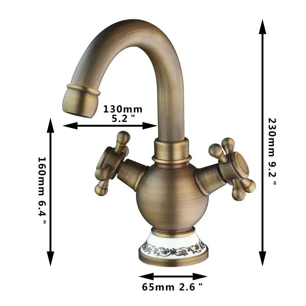 DecorBites antique brass swivel bathroom faucet mixer tap with ornate cross handles and decorative white ceramic base