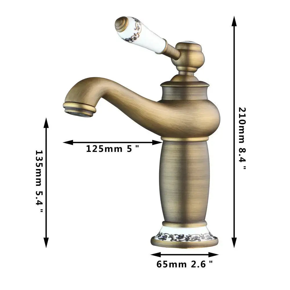 Decorbites antique brass swivel bathroom faucet mixer tap with white ceramic handle and black floral patterned base