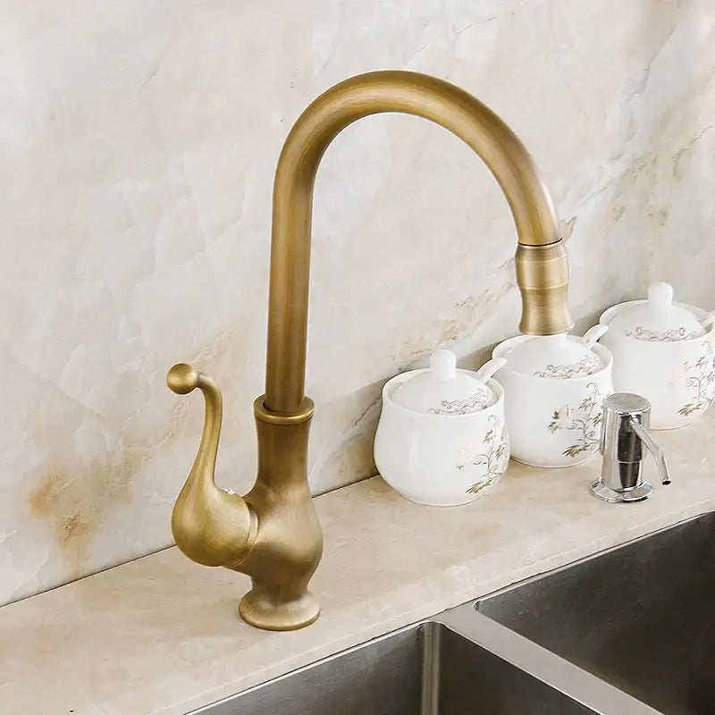 Decorbites antique brass swivel spout kitchen faucet with ornate brass swivel spout and single handle mixer tap