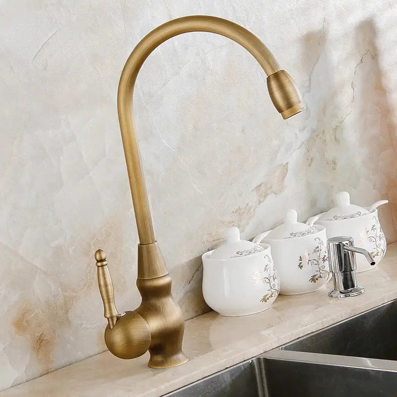 Decorbites antique brass swivel spout kitchen faucet with ornate handle and single handle vessel sink mixer tap