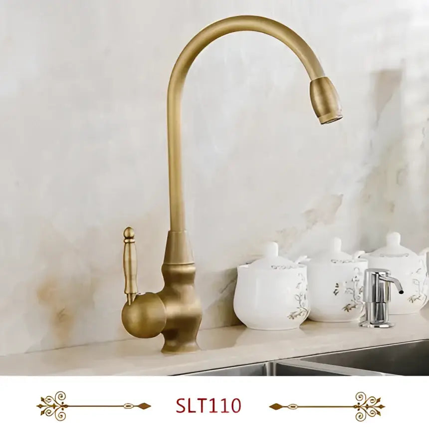 Decorbites antique brass swivel spout kitchen faucet with curved spout and ornate single handle mixer tap