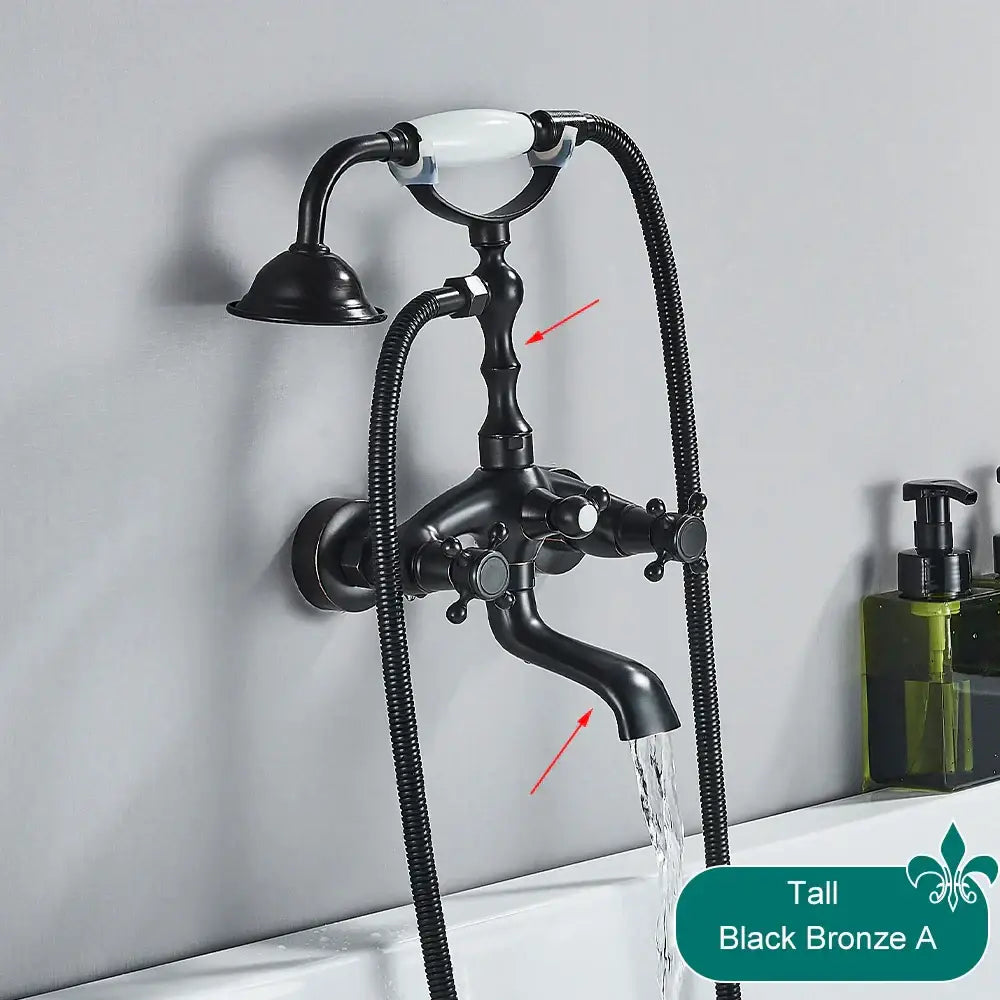 Decorbites™ antique brass telephone shape wall mounted bathtub faucet in black bronze with white ceramic handle and hoses