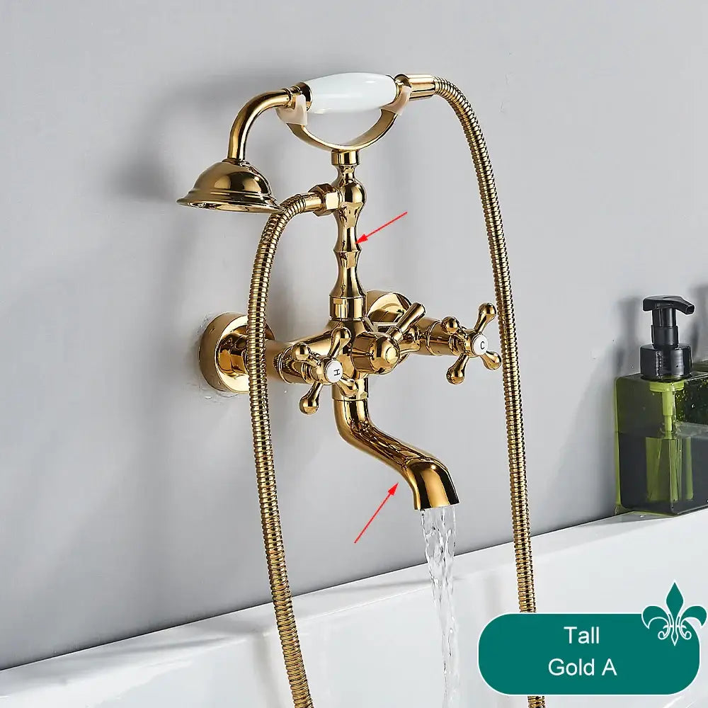 Decorbites antique brass telephone shape wall mounted bathtub faucet with gold finish white ceramic handle and braided hoses