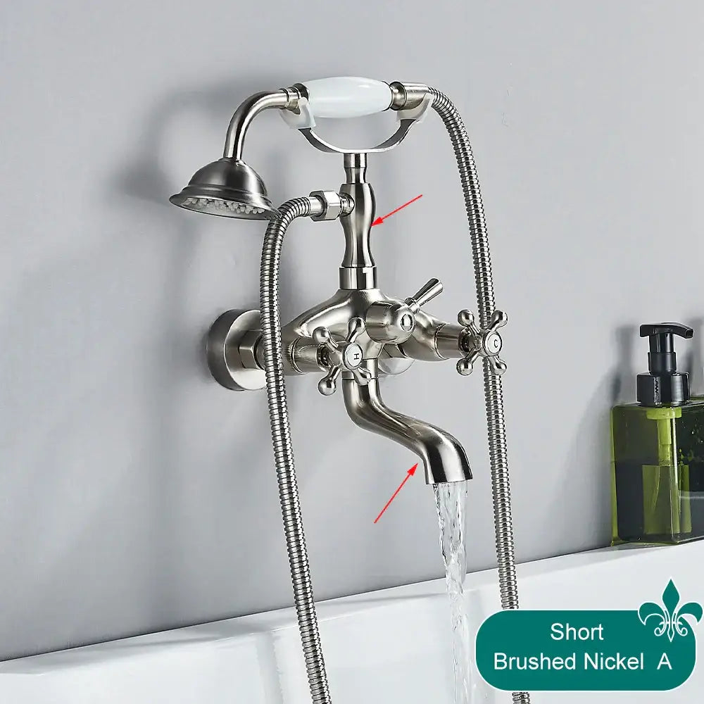 Brushed nickel bathtub faucet with white ceramic handle and cross knobs for DecorBites antique brass telephone shape wall mounted faucet