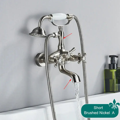 Brushed nickel bathtub faucet with white ceramic handle and cross knobs for DecorBites antique brass telephone shape wall mounted faucet
