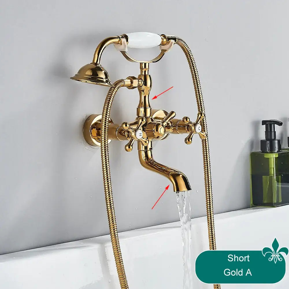 Decorbites antique brass telephone shape wall mounted bathtub faucet with gold finish white ceramic handle and cross knobs