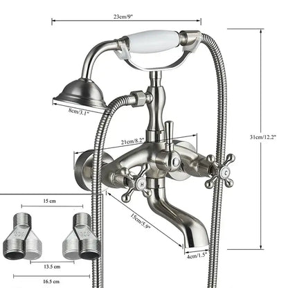 Vintage-style chrome bathtub faucet with white ceramic handle and flexible hoses for antique brass telephone shape wall use