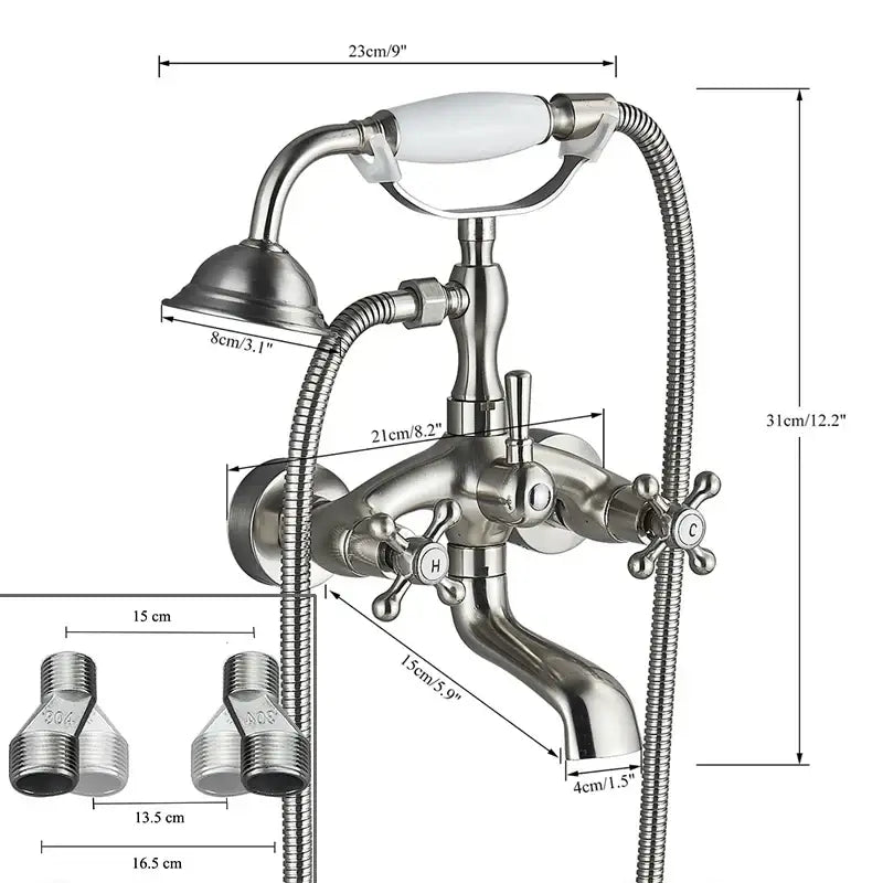 Vintage-style chrome bathtub faucet with white ceramic handle and flexible hoses for antique brass telephone shape wall use