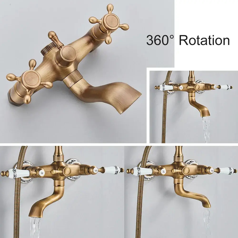 DecorBites antique brass telephone shape wall mounted bathtub faucet with three ornate cross handles and white ceramic knobs