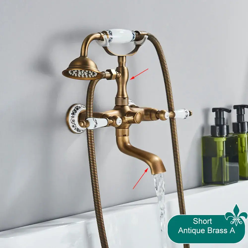 Decorbites antique brass telephone shape wall mounted bathtub faucet with white ceramic handles and matching showerhead