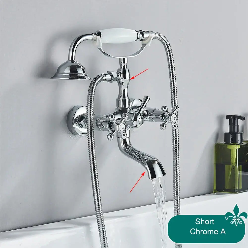 Chrome-finished bathtub faucet with white ceramic handle and hoses next to decorbites antique brass telephone shape wall mount