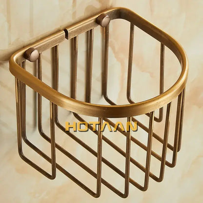 Decorbites antique brass toilet paper holder with wire mesh corner shower caddy design and rounded edges for mounted use