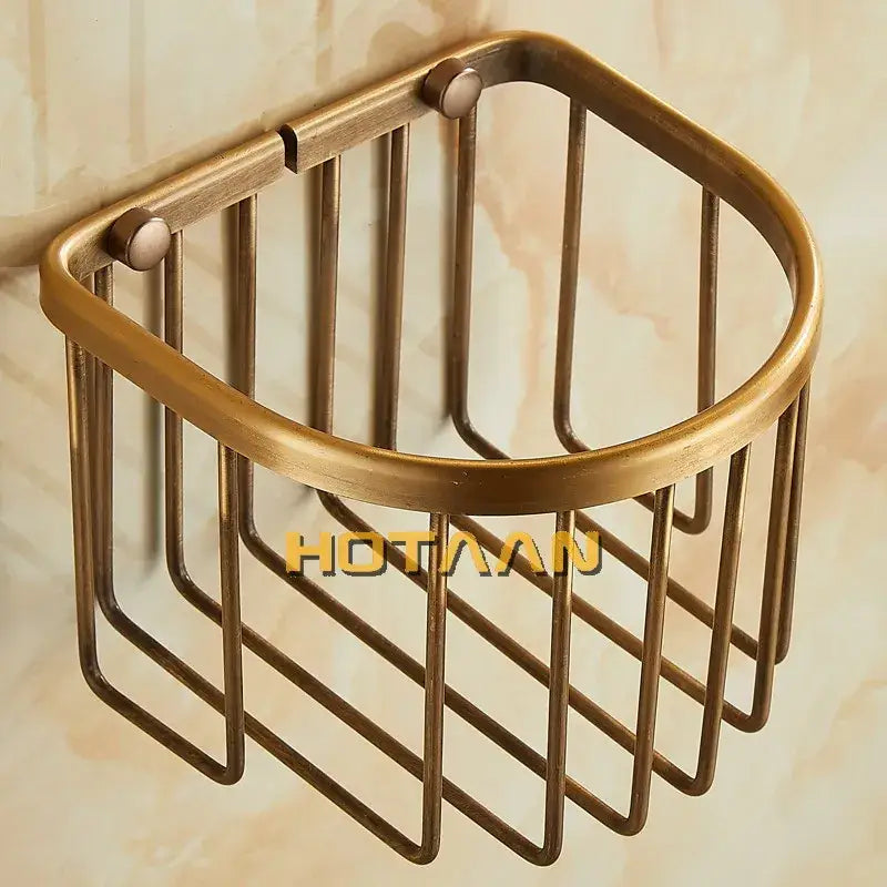 Decorbites antique brass toilet paper holder with wire mesh corner shower caddy design and rounded edges for mounted use