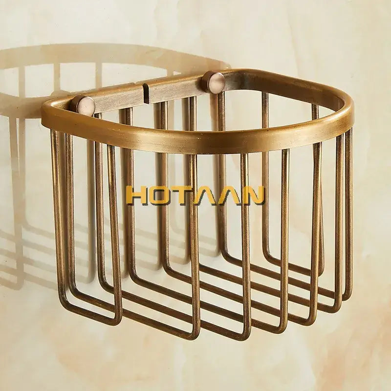 DecorBites antique brass toilet paper holder with rectangular open-grid metal design for wall-mounted tissue storage