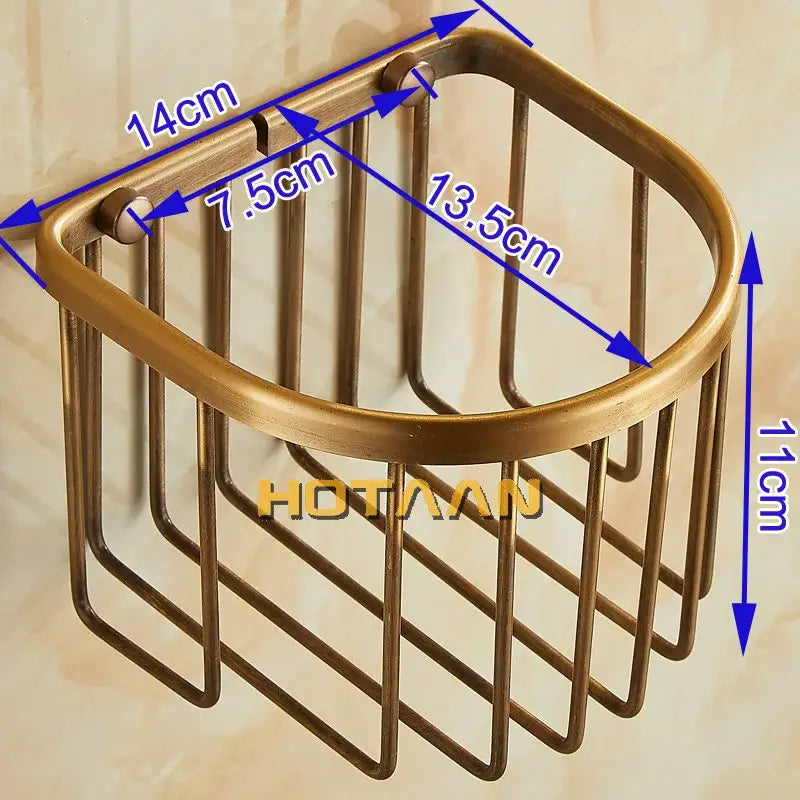 Antique brass metal shower caddy with semi-circular wire mesh design compatible with decorbites toilet paper holder