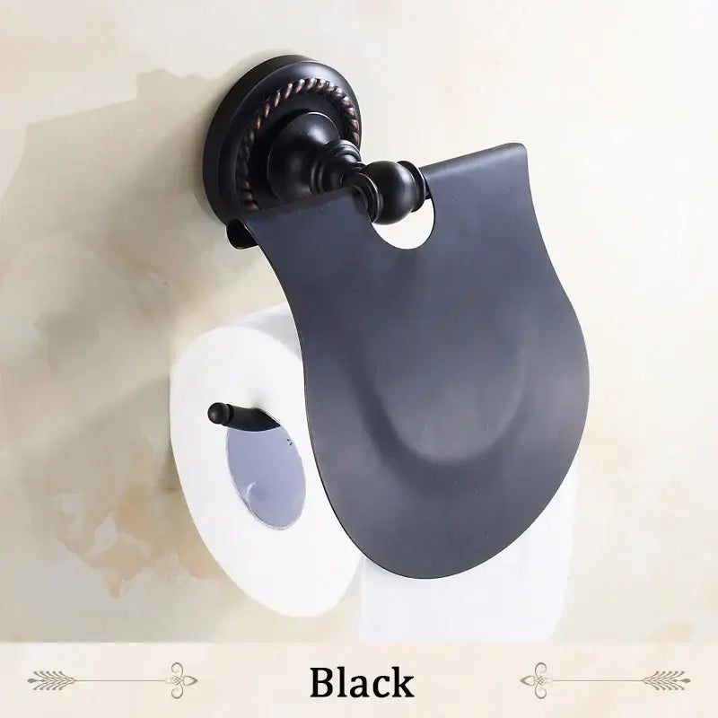 Decorbites™ antique brass toilet paper holder wall mount with black matte metal and ornate twisted detailing on base