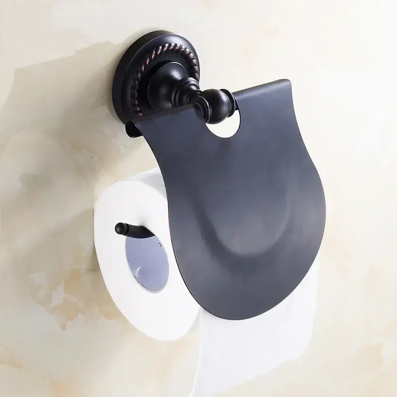 DecorBites™ black matte metal toilet paper holder with ornate detailing for antique brass toilet bathroom use