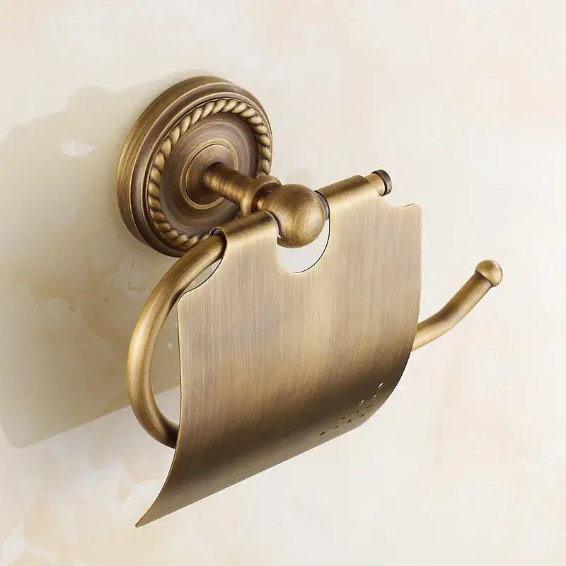 DecorBites™ antique brass toilet paper holder with ornate rope-textured wall mount and sleek brushed finish