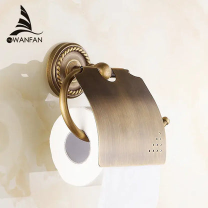 Decorbites™ antique brass toilet paper holder with ornate rope-textured mounting plate and brushed finish wall mount