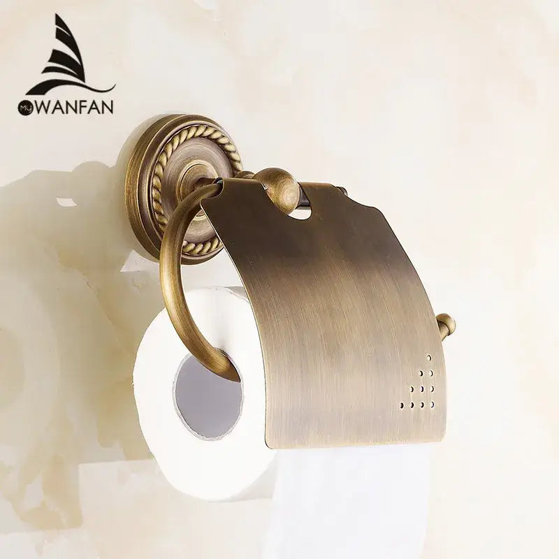 Decorbites™ antique brass toilet paper holder with ornate rope-textured mounting plate and brushed finish wall mount