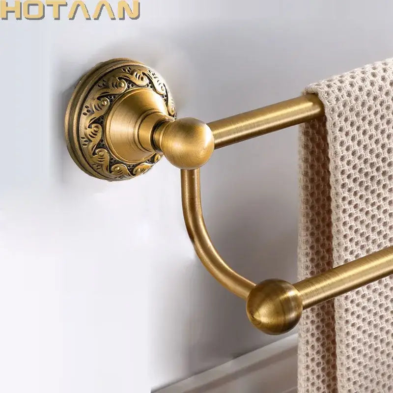 Decorbites™ antique brass towel holder single bar rack with solid aluminium rail and ornate floral mounting plate