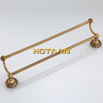 Decorbites™ antique brass towel holder single bar rack with ornate circular base mounts and polished aluminium rail