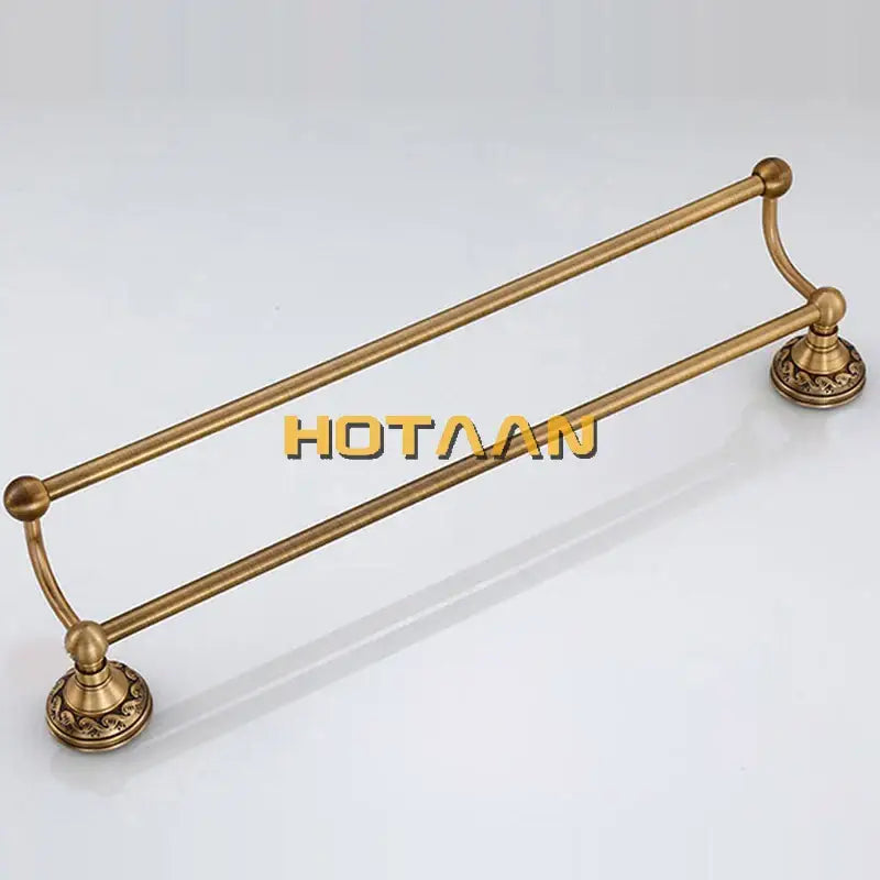 Decorbites™ antique brass towel holder single bar rack with ornate circular base mounts and polished aluminium rail