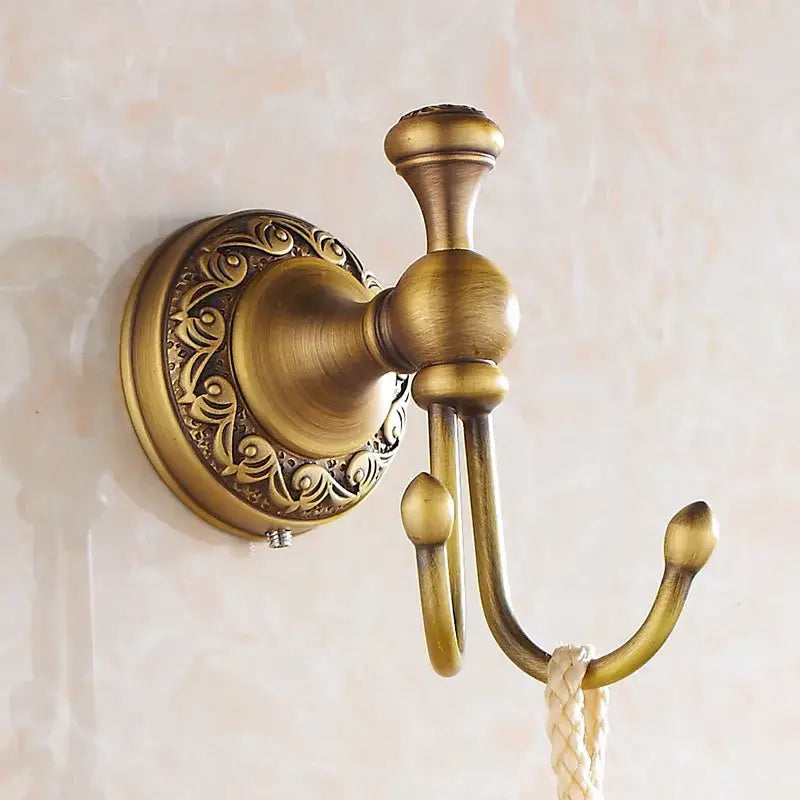 Decorbites antique brass towel hooks wall rack with double hooks ornate floral detailing and brushed finish