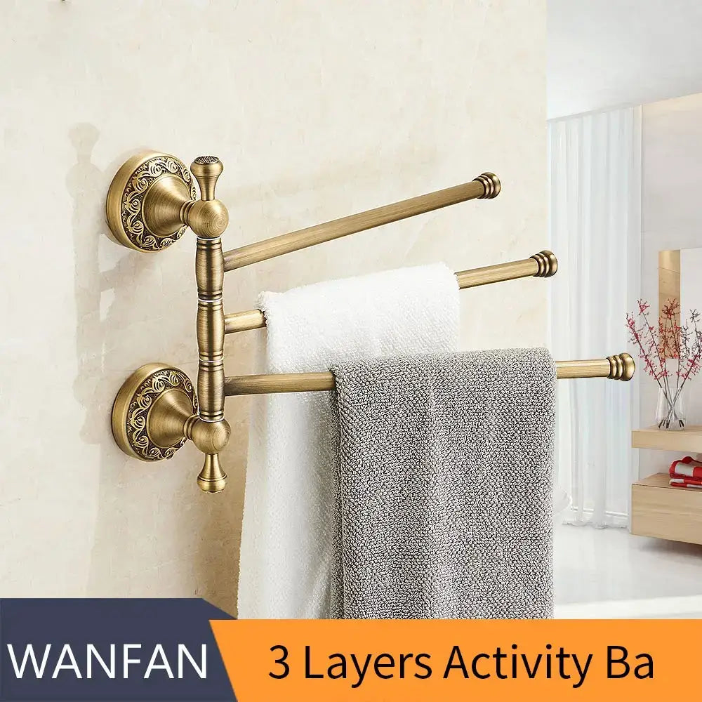Decorbites™ antique brass towel rack with ornate circular bases and three extendable bars for bathroom use