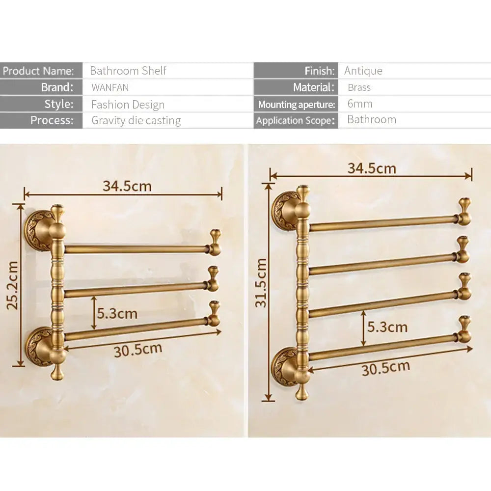 Antique brass towel rack with four horizontal bars and ornate vintage-style mounting brackets for bathroom use
