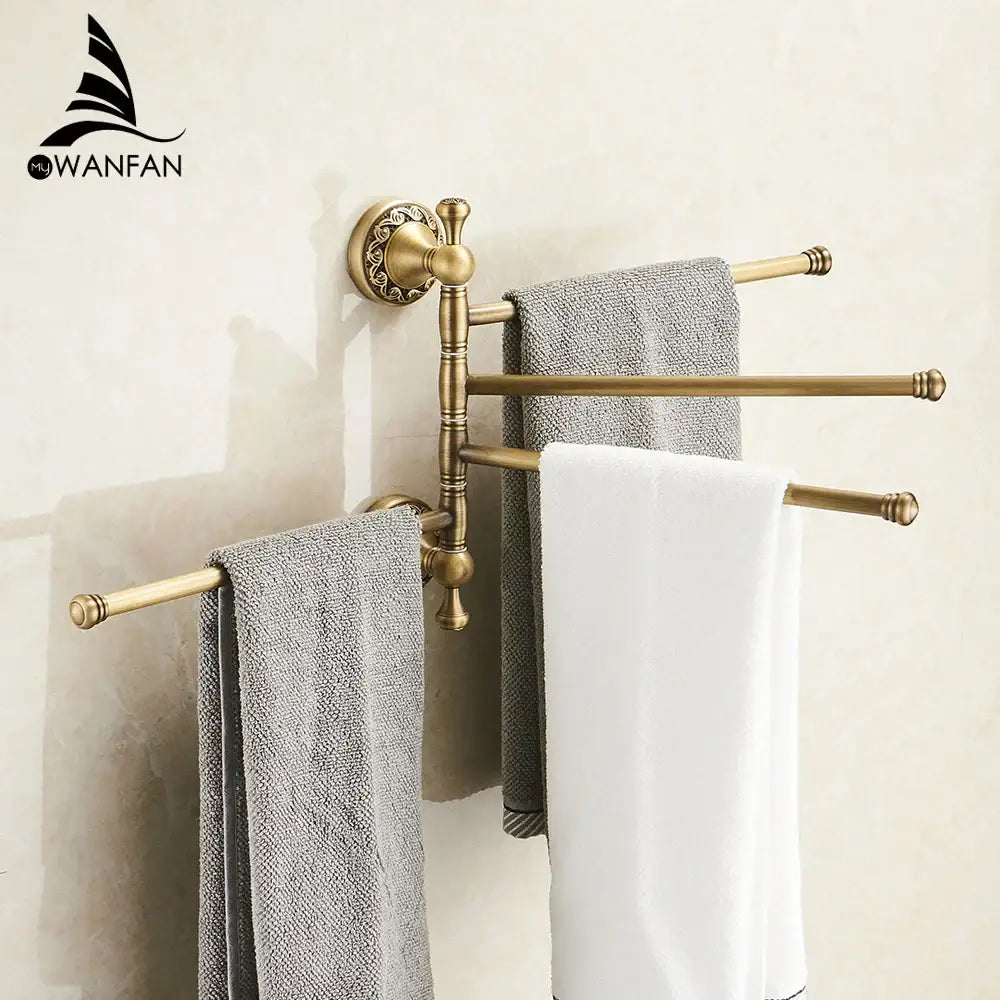 DecorBites antique brass towel rack with triple ornate bars wall mounted for bathroom towel storage and pants hanging