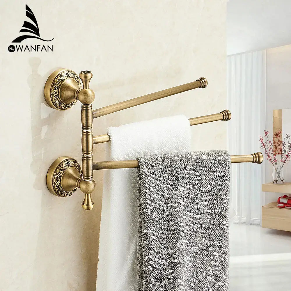 DecorBites antique brass towel rack with double-tier design ornate circular mounts and decorative vertical posts