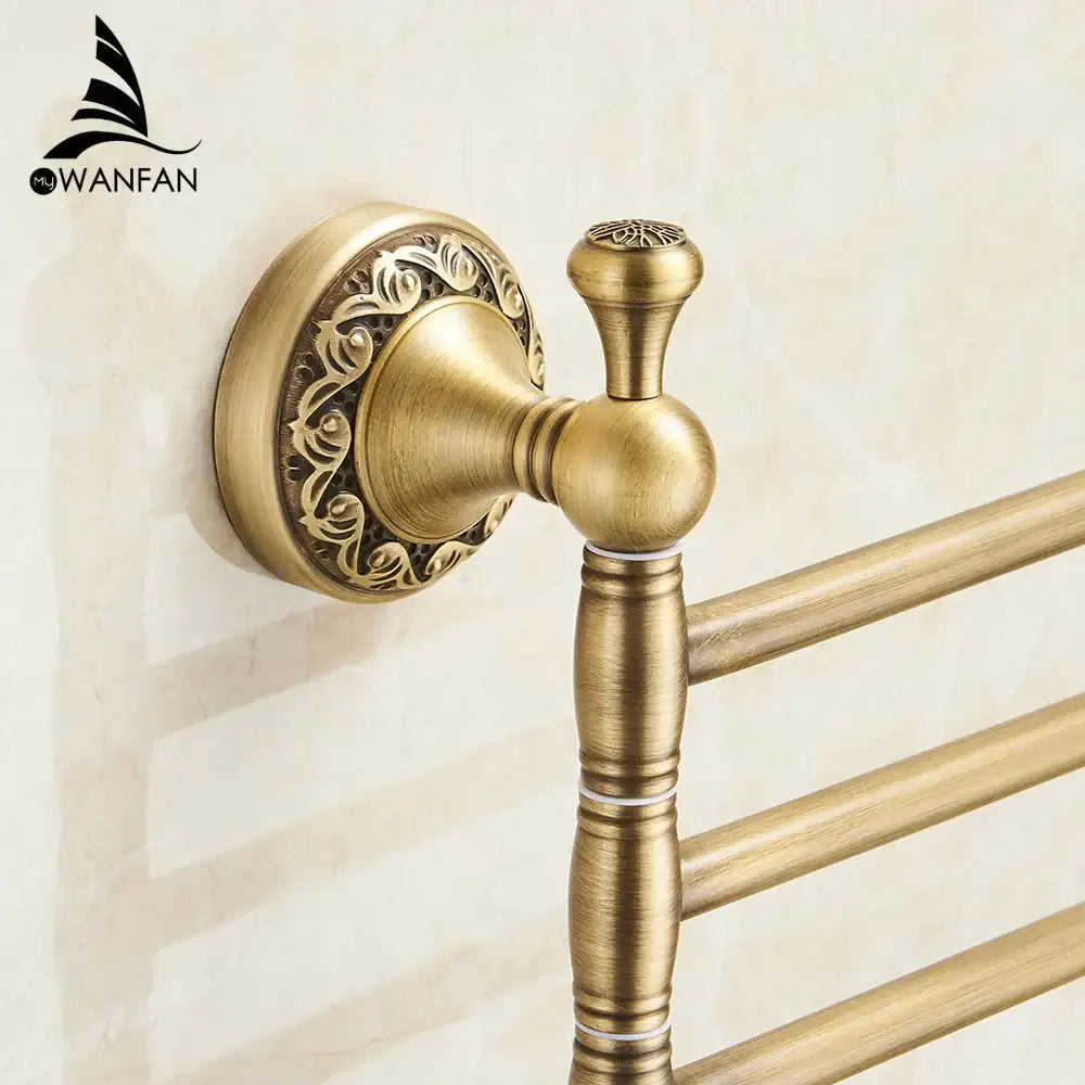 Decorbites antique brass towel rack with ornate scrollwork and polished post for bathroom wall storage holder bars
