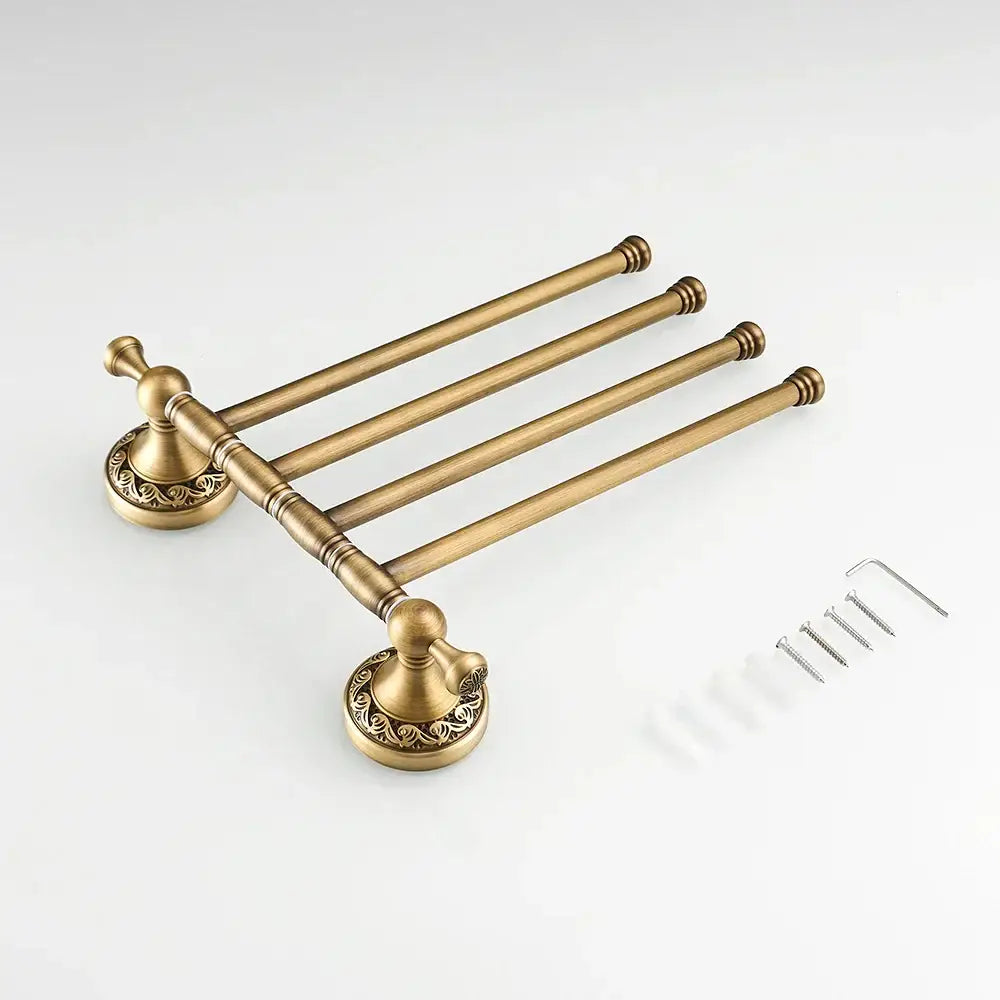 Decorbites antique brass towel rack 4-tier with ornate circular bases and decorative grooved rods for bathroom use