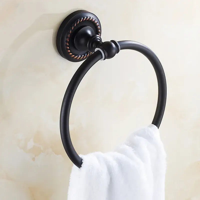 DecorBites™ black matte towel ring with decorative rope-like antique brass towel holder wall mount for bathroom