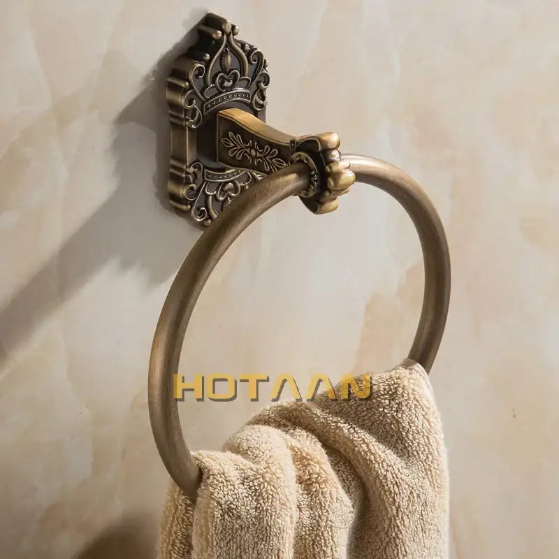 Decorbites antique brass towel ring with ornate crown wall mount and floral engraving for bathroom use