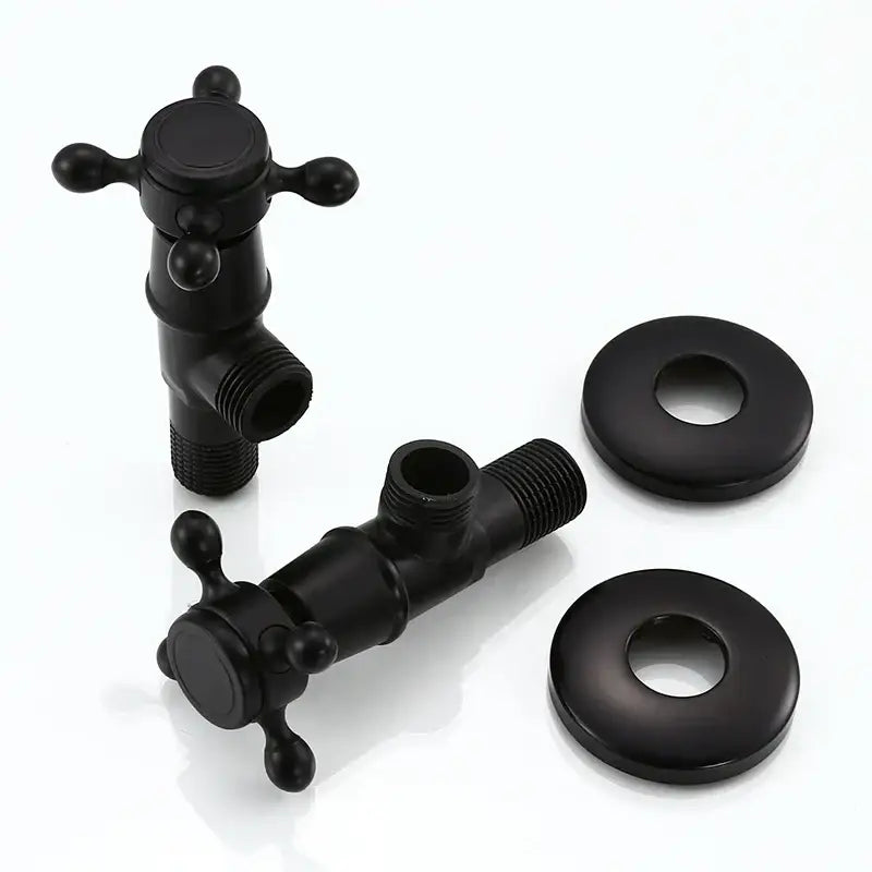Black matte antique brass triangle valve with cross-handle and matching flanges for toilet faucet replacement