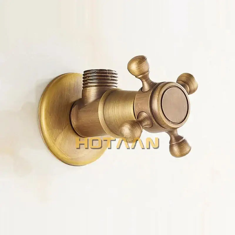 DecorBites antique brass triangle valve water control bathroom tap with cross handle and decorative spherical knobs