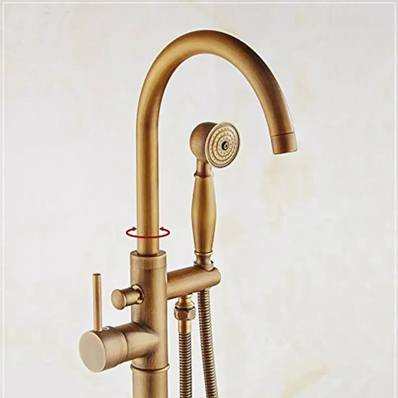 DecorBites antique brass tub faucet with swivel spout and detachable handheld showerhead in brass finish