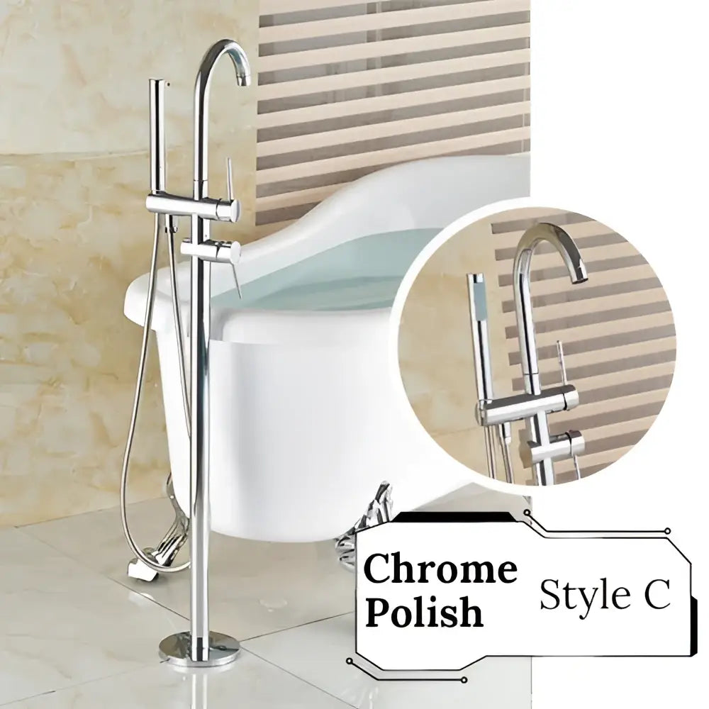 Chrome-finished freestanding tub faucet with tall sleek design and integrated handheld showerhead in antique brass style