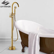 Brass-finished decorbites antique brass tub faucet with swivel spout and handheld showerhead for freestanding bathtubs